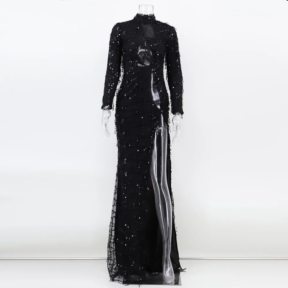 Sexy See Through Maxi Club Woman Autumn Summer Sequin Dress Women Party Night Glitter Bodycon Vintage Long Dress Ladies Dresses