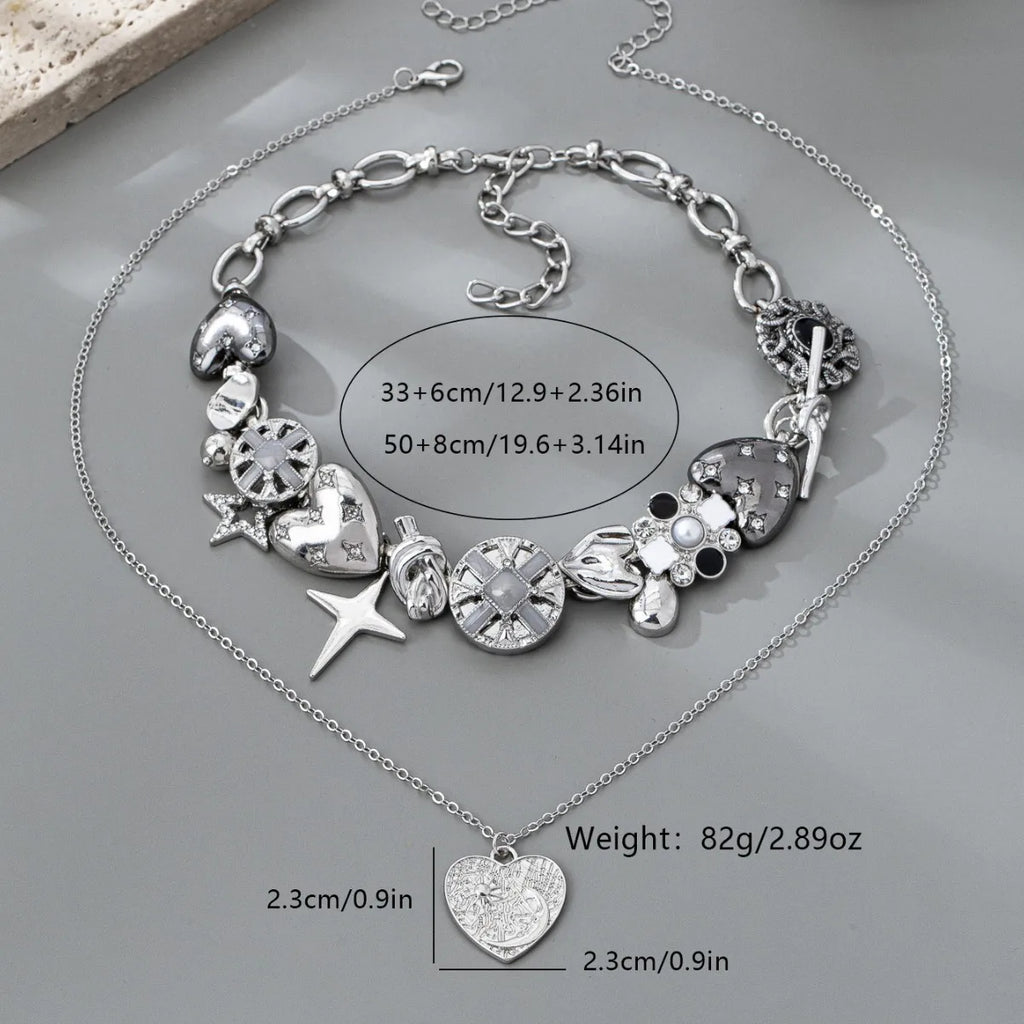 Vintage Layered Heart & Star Charm Necklace Set