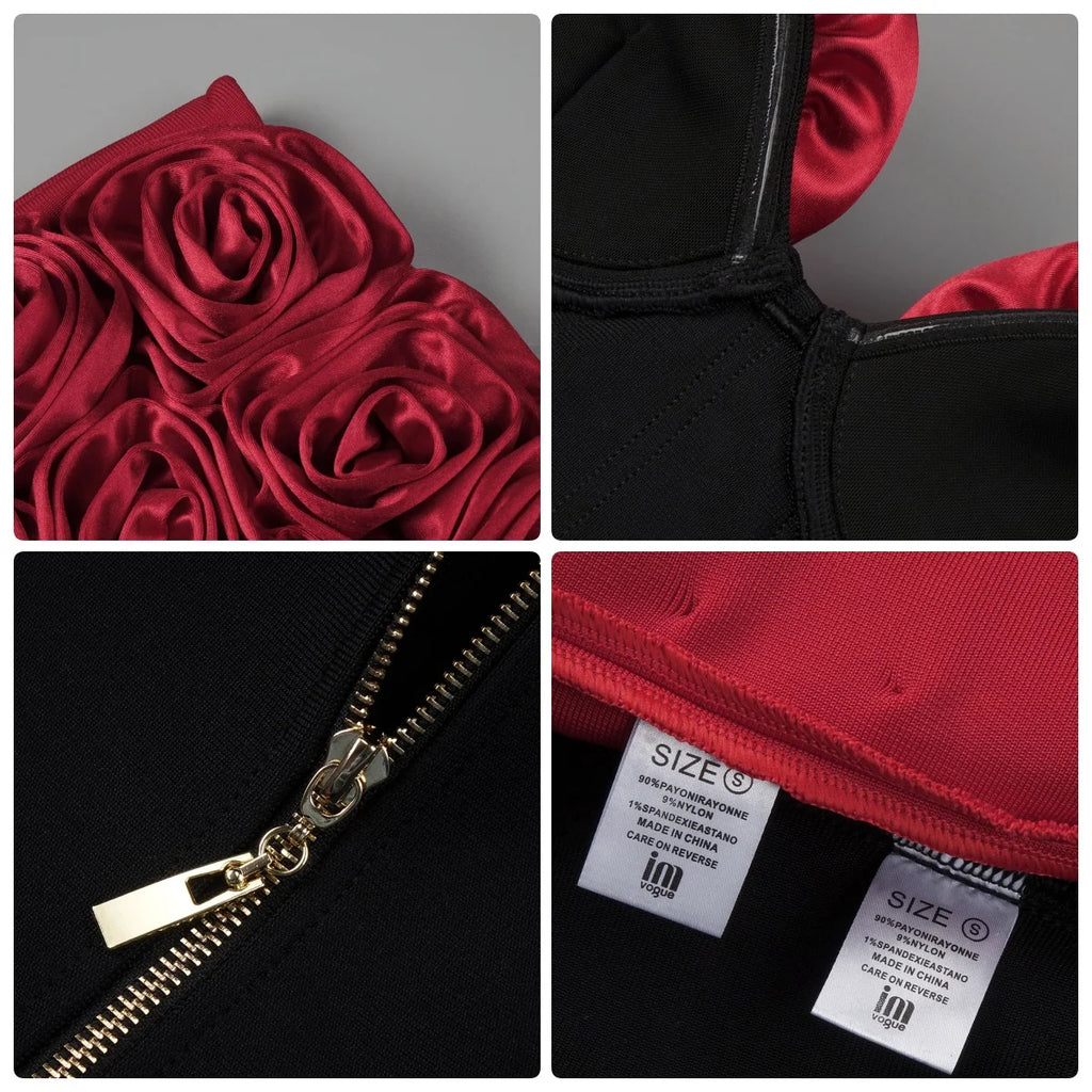 Sexy Two Pieces Set Black Strapless Corset Top with Red Rose Details & Rose - Embellished Mini Skirt Set-Evening & Party Outfit
