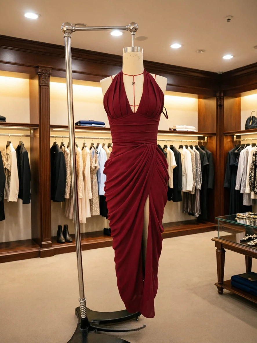 Suninheart Sexy Halter Corset Evening Dress Mesh Bodycon High Slit Long Prom Gown Ruched Sexy Wedding Guest Party Dress