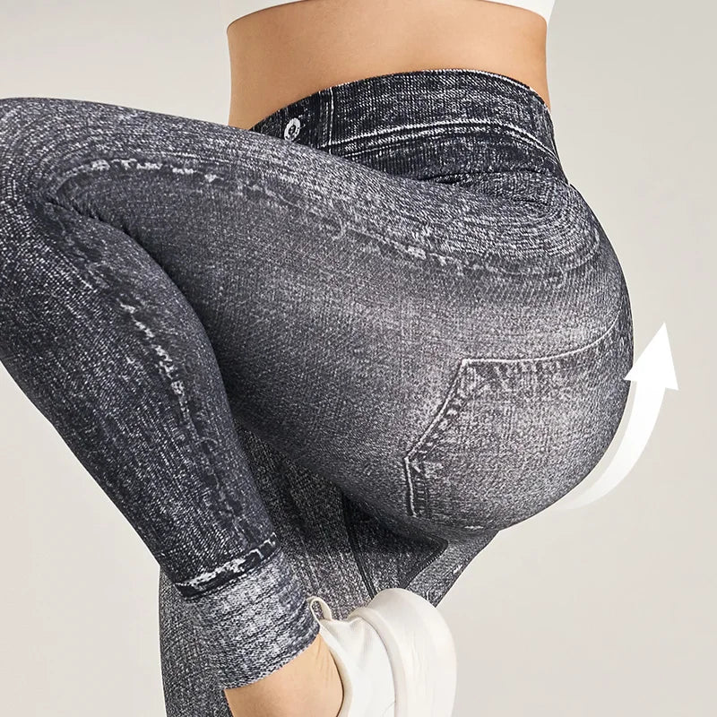 Yoga leggings Tight hip lift soft thick seamless knit fake denim stretch fitness pants Casual pencil pants imitation jeans