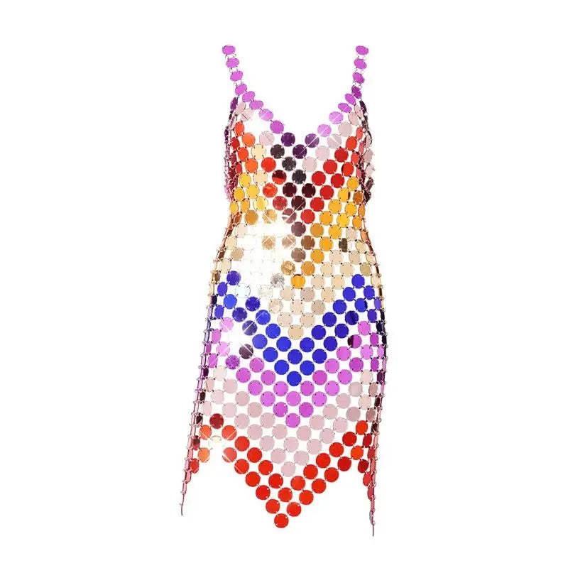 Sexy woman hollow V-neck open back low waist multi-color stitching mini acrylic sequins 2023 new motorcycle activities