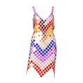 Sexy woman hollow V-neck open back low waist multi-color stitching mini acrylic sequins 2023 new motorcycle activities