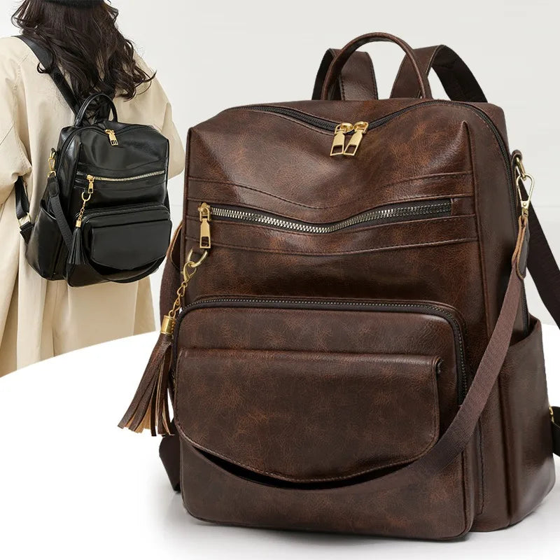 Backpack Purse for Women pu Large LadiesFashion Tassel Pu Leather Travel Backpack Purse Designer Ladies Shoulder Bags Waterproof