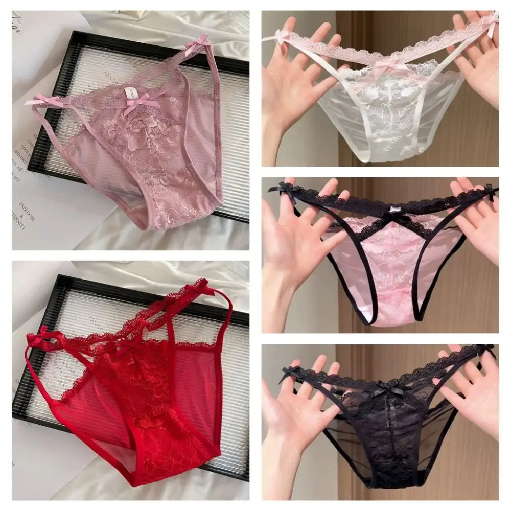 Lingerie Bow Lace Flower Panties Seamless Mid Waist French Style Briefs Hollow Transparent Lace Mesh Briefs Lady