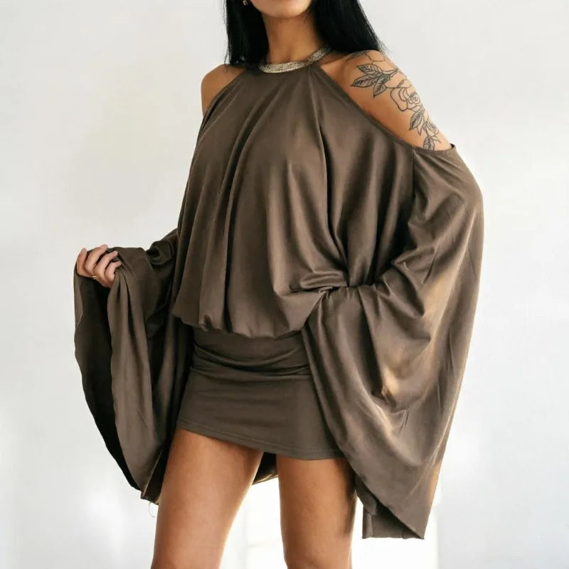 2026 European and American Spice Girls Sexy Shoulder Backless Irregular Design Short Skirt Loose Bat Sleeve Dress Women