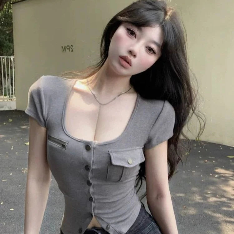U-Neck Buttoned Y2K Bodycon Crop T-Shirt