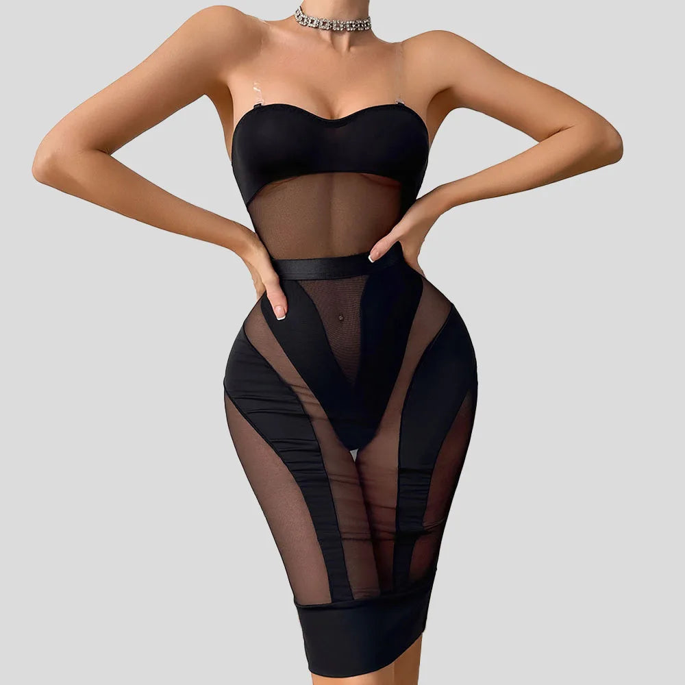 Sexy Exotic Lingerie See Through Mesh Bodysuit Slim Strapless Long Skirt 2PCS Set Lingerie Seductive Splicing Fancy Clothing
