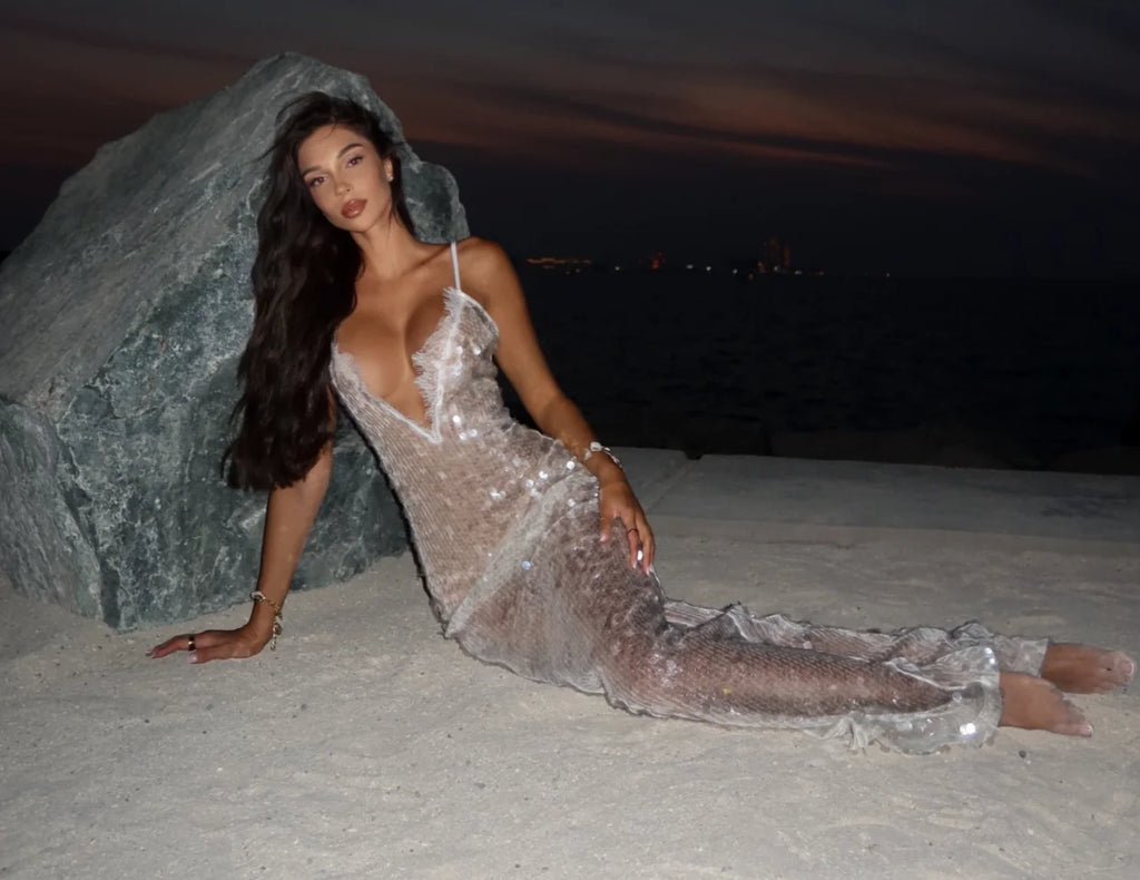 Sexy Sequin Mesh Long Dress Women Shiny Spaghetti Strap Deep V Neck See Through Bodycon Dresses 2026 Lady Holiday Beach Cover Up