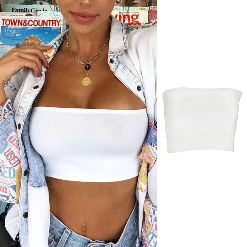 Women Summer Sexy Strapless Cropped Tube Top Color Off Shoulder Bralette Basic Wrapped Chest Bandeau Dropshipping