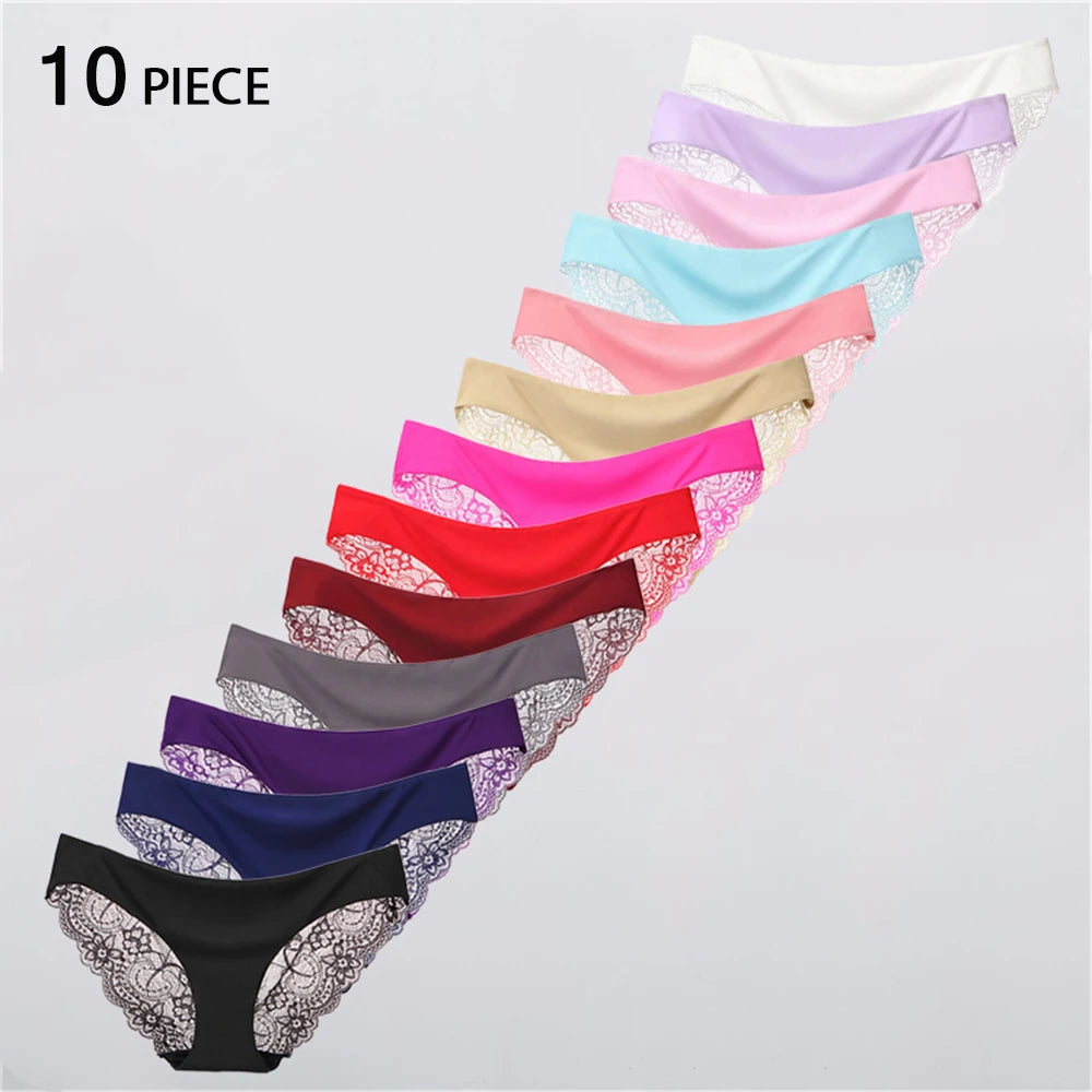 Sexy plus Size Women's Seamless Lingerie Transparent Lace Bikini Briefs Cotton Fabric Underwear 10pc Set Lady Girl Intimates