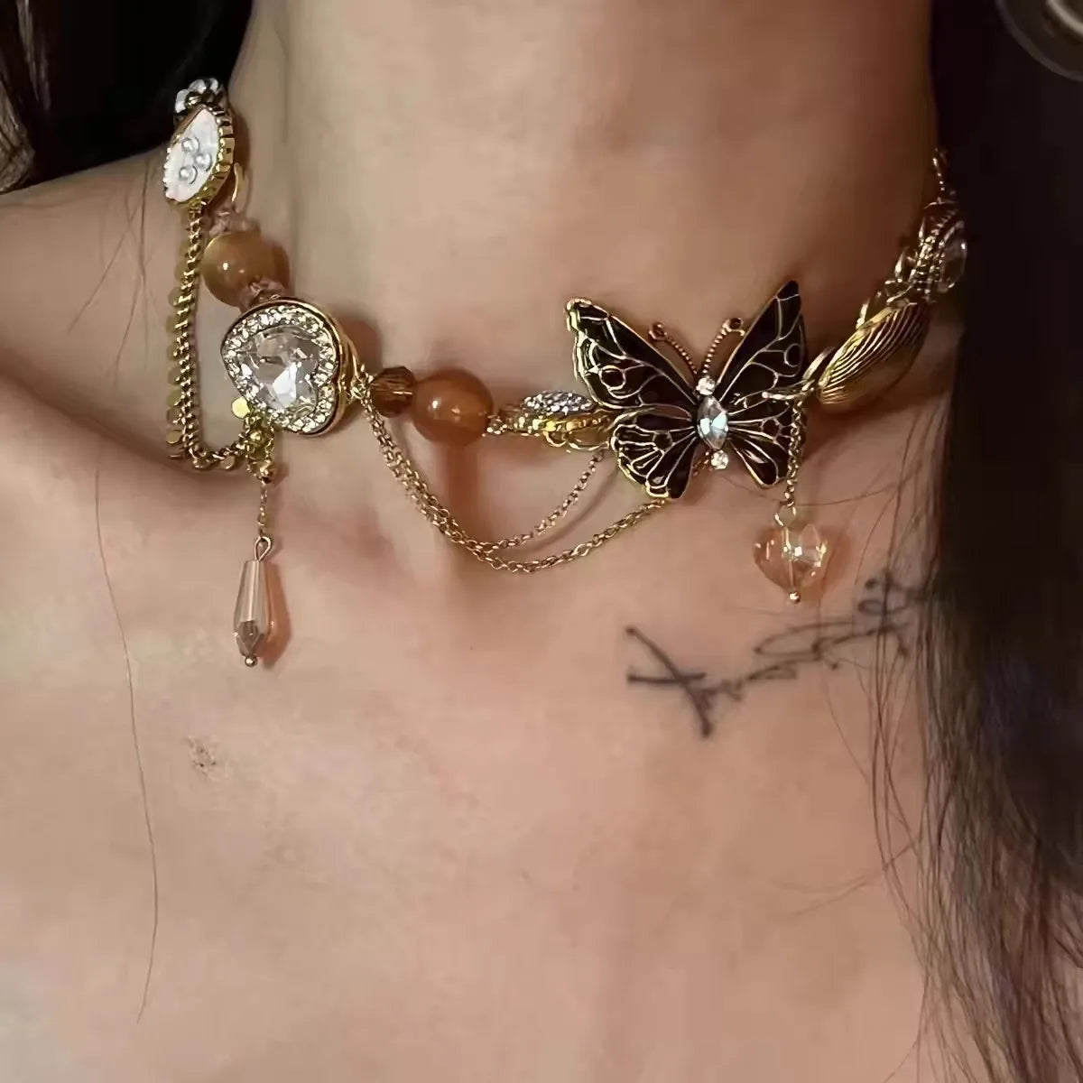 Y2K Butterfly, Cross & Heart PU Leather Choker