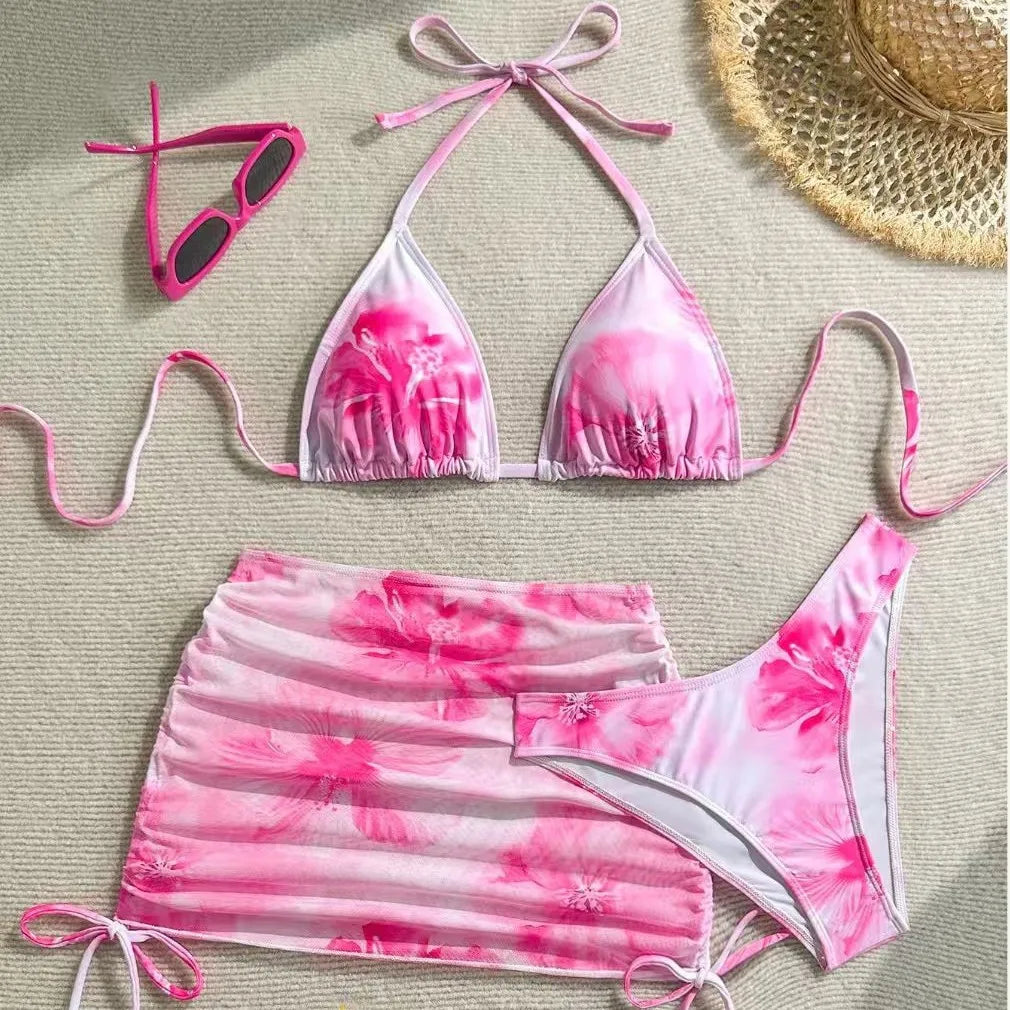 Sexy 3 Piece Bikini Set Women Printed Split Swimsuit Neck Strap Bathing Suit with Cover Up Skirt Swimwear Biquine Brasileiro