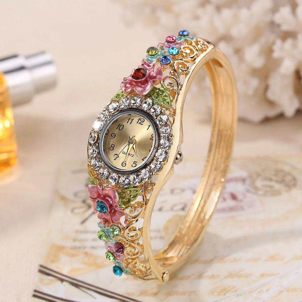 Women's Watches Stainless Steel Rhinestone Quartz Watch Women Fashion Flower Vintage Bangle Elegant Wristwatch Zegarek Damski