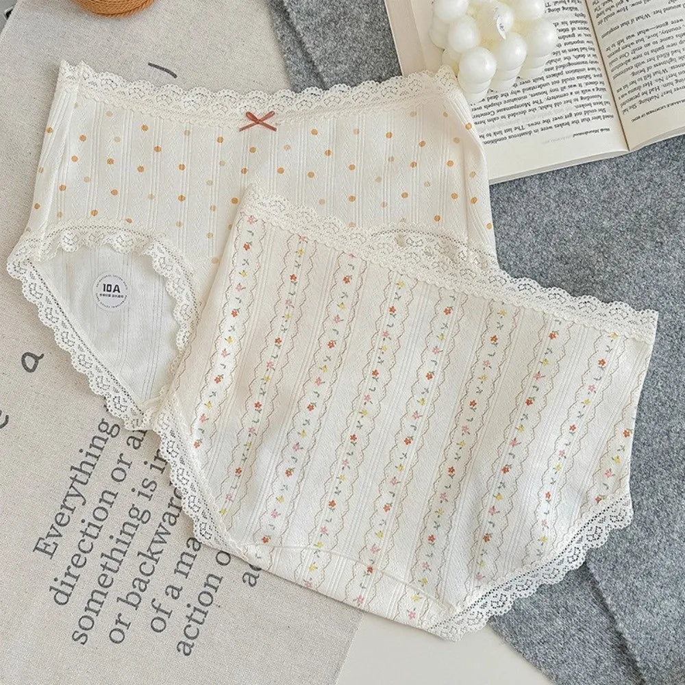 Lingerie Bow Floral Cotton Panties Stripe Polka Dot Underwear for Women Grid Lace Sweet Flower Briefs Lady