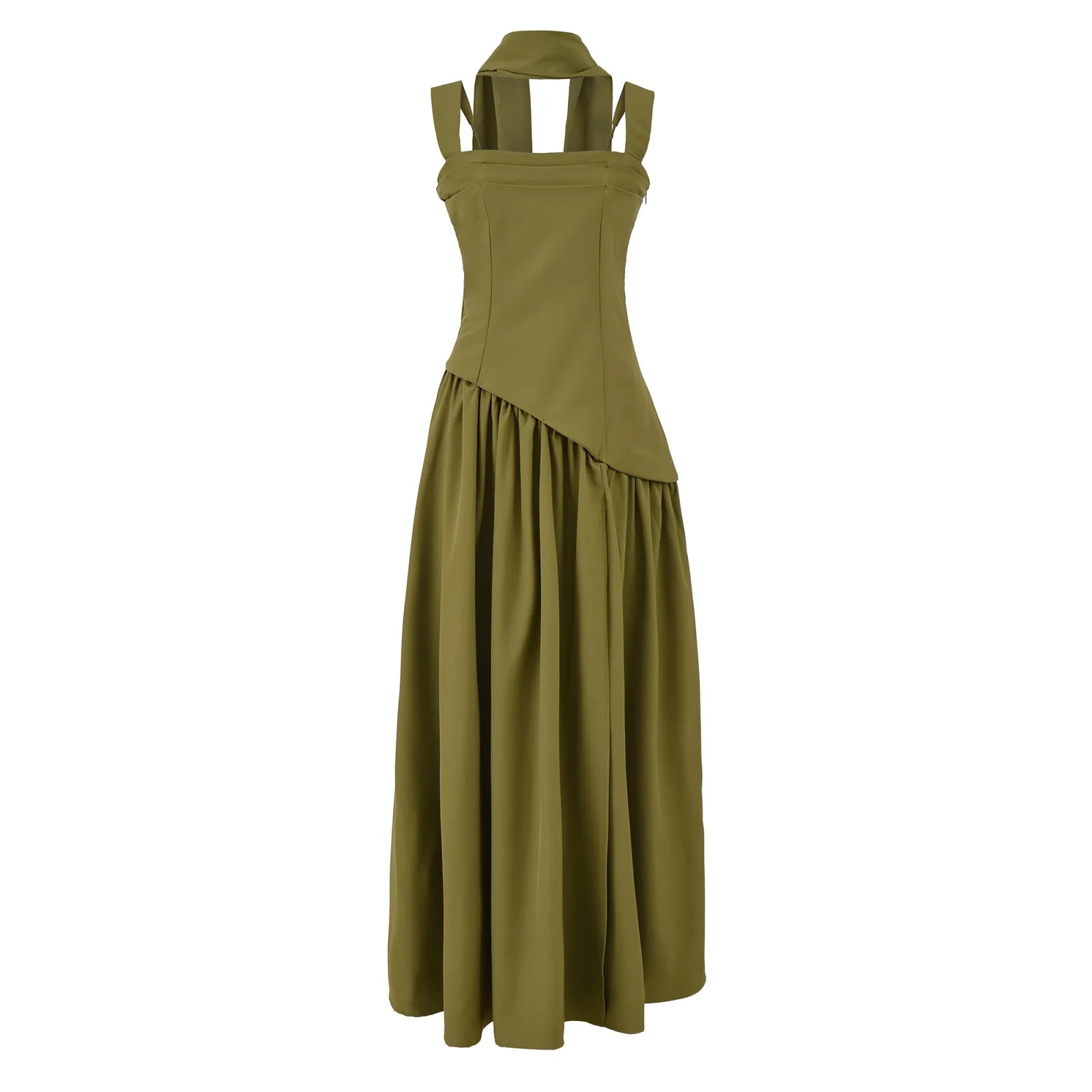 YENKYE Sexy Slit Elegant With Scarf Sling Party Dresses Women Lace Up Bandage Back Fit And Flare Dress Green Back Summer Robe