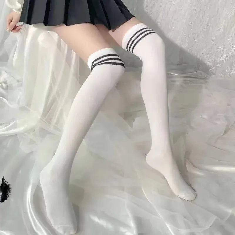 Thigh High Women Socks Solid Striped Knee-High Socks Slimming Comfortable Legwear