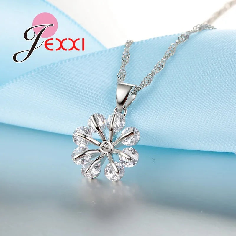 Romantic Wedding Collier Jewelry Sets 925 Sterling Silver Chain Clear Crystal Snowflake Necklace Drop Earrings Bijoux