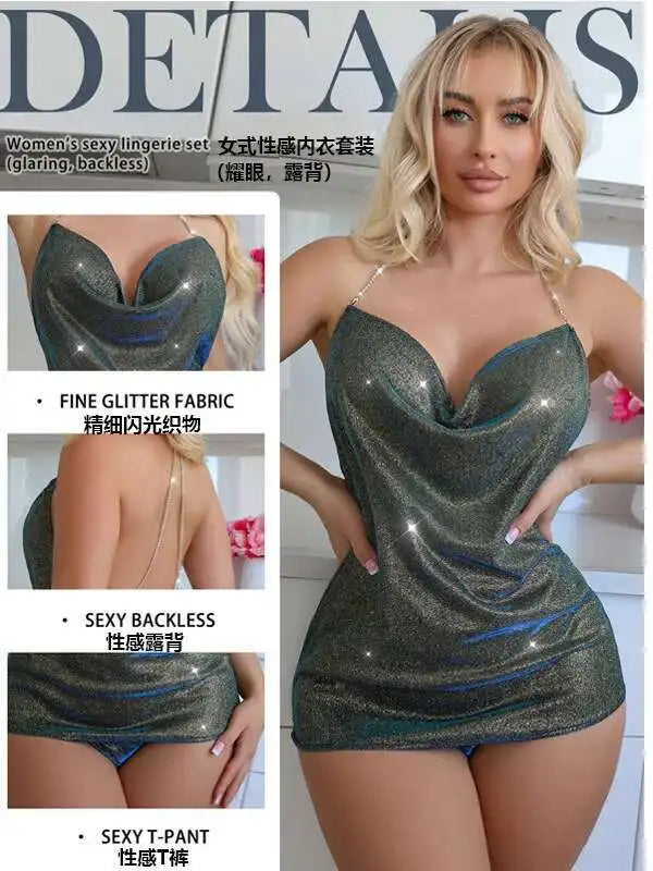 Sexy Lingerie Sexy Deep V Thin Sparkling Lace Up Hanging Neck Pleated Secretary Bag Buttocks Dress Elegant Charming Sweet TDSY