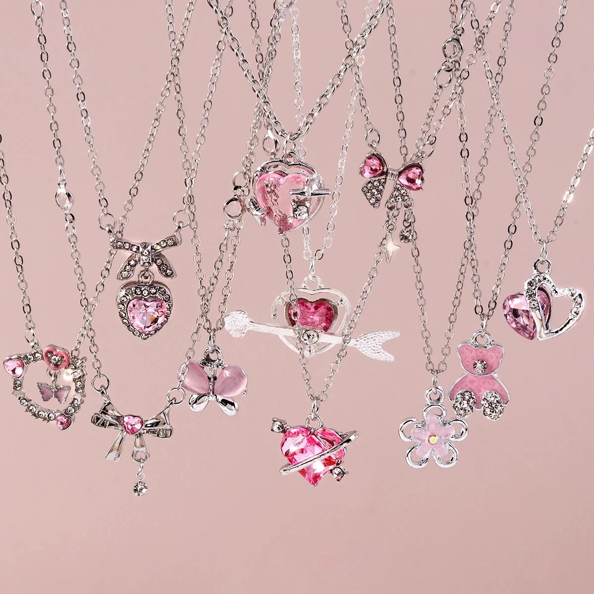 Pink Zircon Heart & Bow Pendant Necklace