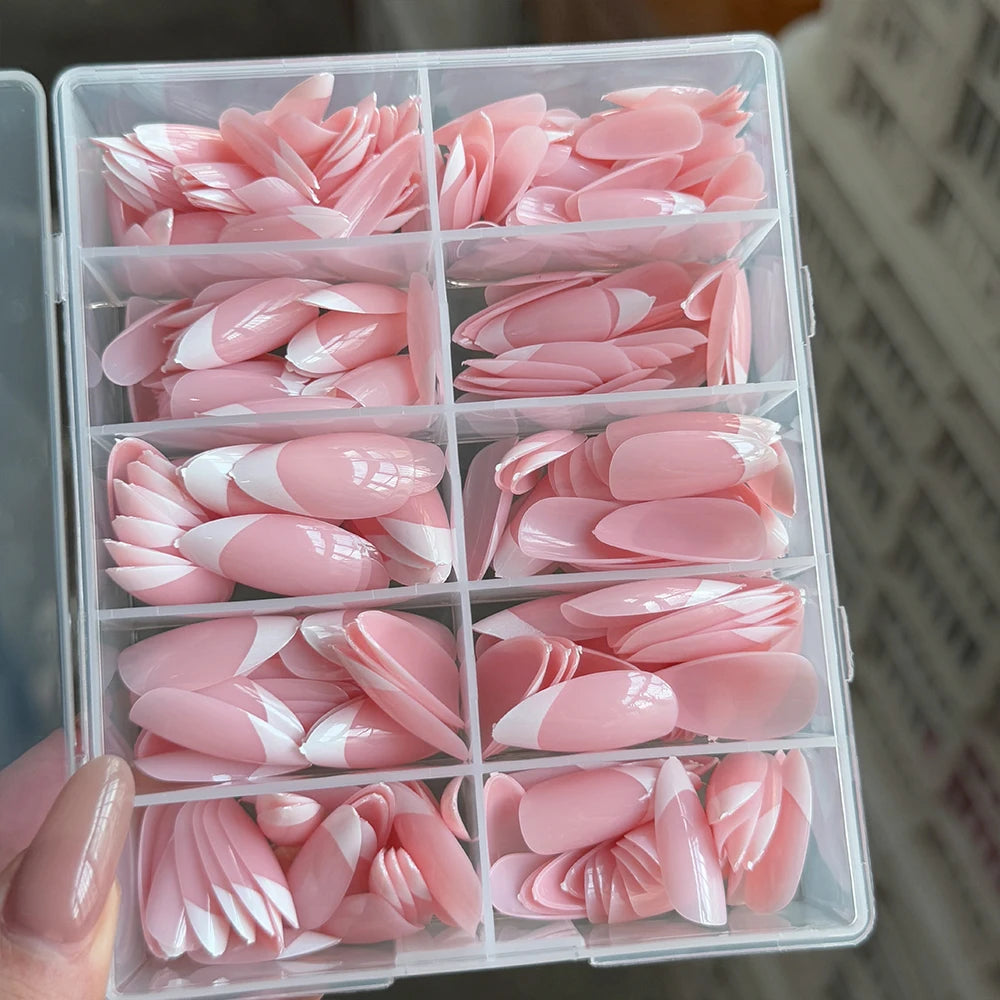 360/240/120pcs Light Pink Almond Press On Nails Glossy White French Fake Nail Simple Full Cover Fake Nails Soft Gel Nail Tips*%&