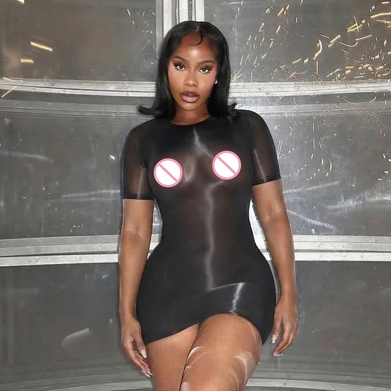 Sexy spicy girl style see through short sleeved tight fitting dress, short dress