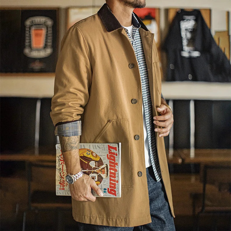 Maden Men’s Vintage Michigan Jacket Mid-length Barn Loose Fit Heavyweight Canvas Coat Khaki Workwear Autumn Casual Outerwear