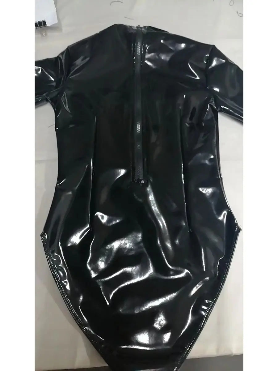 Faux Latex High Cut Sexy Long Sleeve Bodysuit Wetlook Turtleneck PVC Catsuit Body Sculpting Bodystocking Shiny Cosplay Swisuit