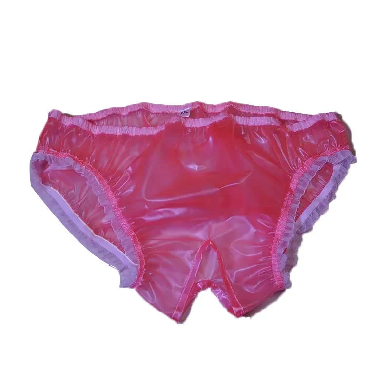 Women's Sexy PVC Plastic Open Crotch Low Waist Transparent Panties Erotic Sissy Couple Briefs Lace Ruffle Soft Silent Lingerie