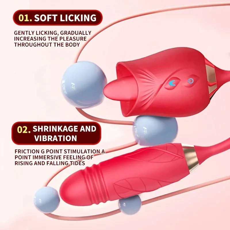 Rose Licking Vibrator for Women  Telescopic Dildo Powerful Thrusting Vagin Massager Tongue Clitoris Stimulation Adult Sex Toys