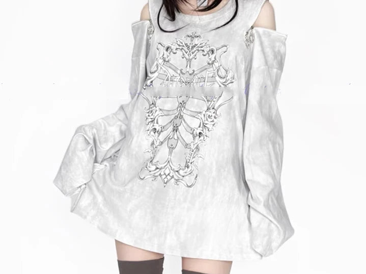 New Off-the-shoulder Subculture Cotton Tee Japanese Punk Gothic Print Dark Loose T-shirt Short/Long Sleeves Y2K Girls Cool Tops