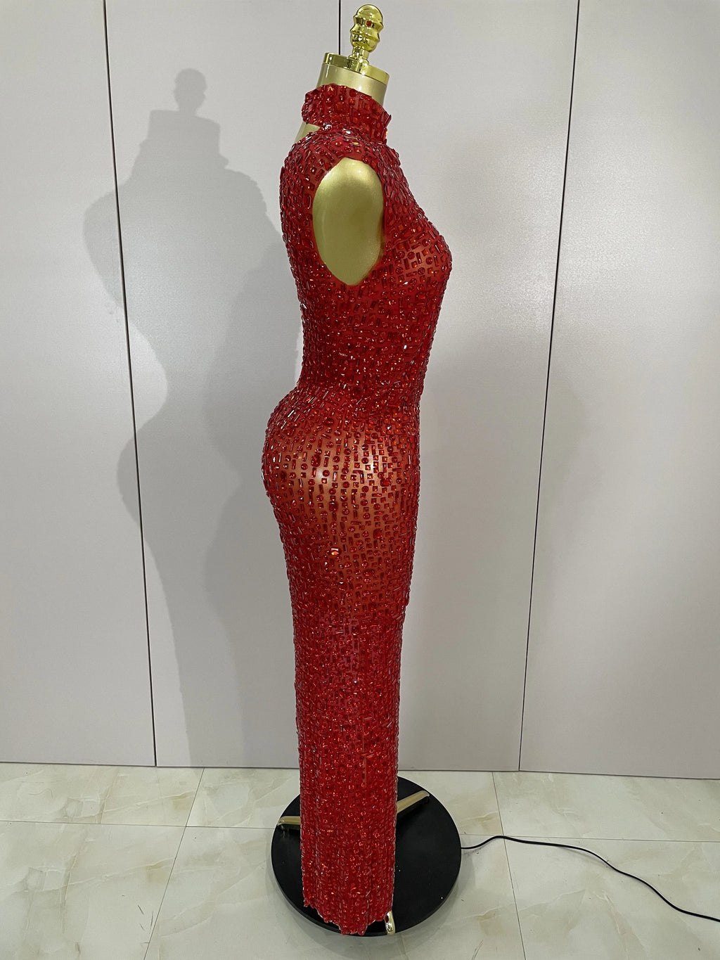 Luxury Sparkly Diamonds Red Sexy Mesh See Through Long Dress Women Eveing Celebrate Birthday Dress Wedding Singer Stage Costume