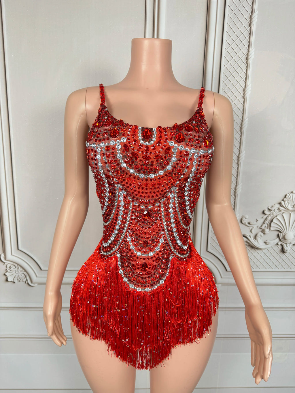 Sexy Sparkly Red Rhinestones Tassels Bodysuit Women Show Performance Dance Costume Nightclub Outfit Singer Dancer Stage Wear
