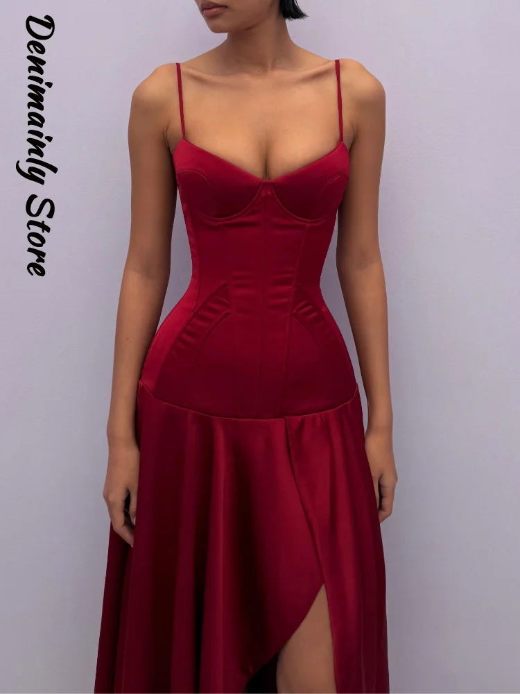 Sexy Women's Wine Red Bandage Dress Women V Neck Sleeveless Fishbone Slim Slit Irregular Dresses 2026 Summer Lady Evening Gown