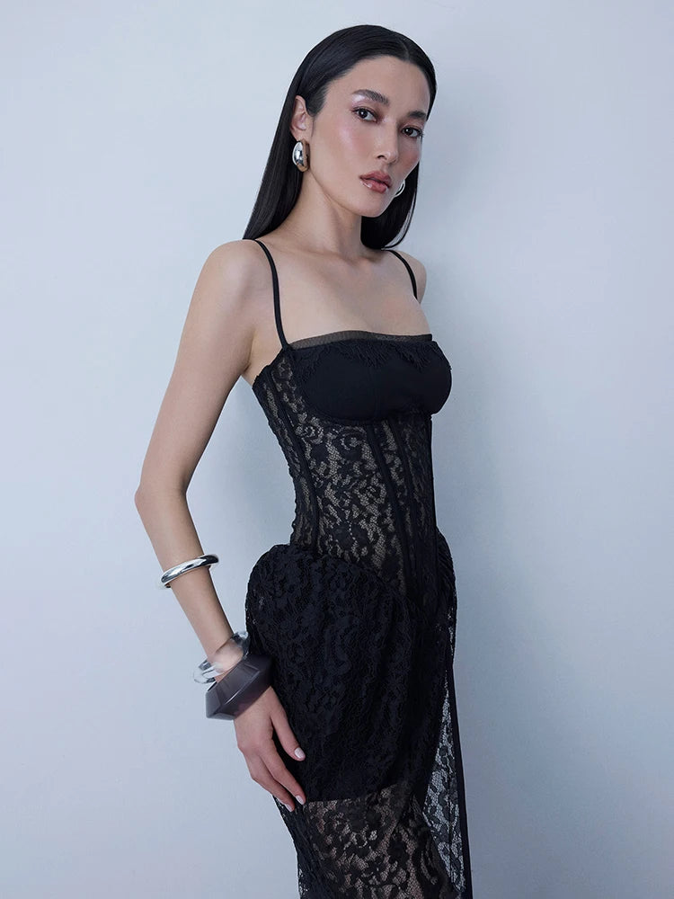 Women's Black Lace Corset Sheer-Split Maxi Dress