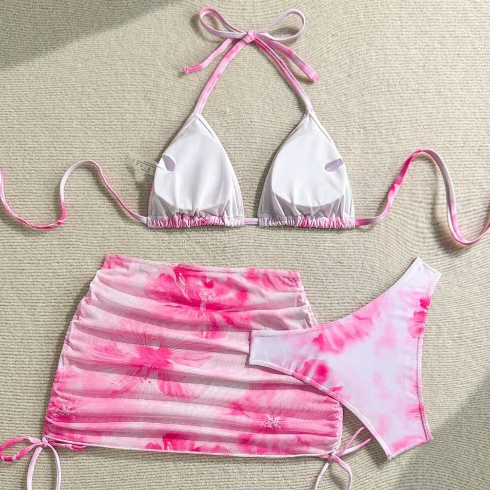 Sexy 3 Piece Bikini Set Women Printed Split Swimsuit Neck Strap Bathing Suit with Cover Up Skirt Swimwear Biquine Brasileiro