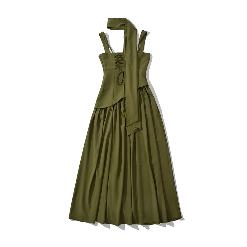 YENKYE Sexy Slit Elegant With Scarf Sling Party Dresses Women Lace Up Bandage Back Fit And Flare Dress Green Back Summer Robe
