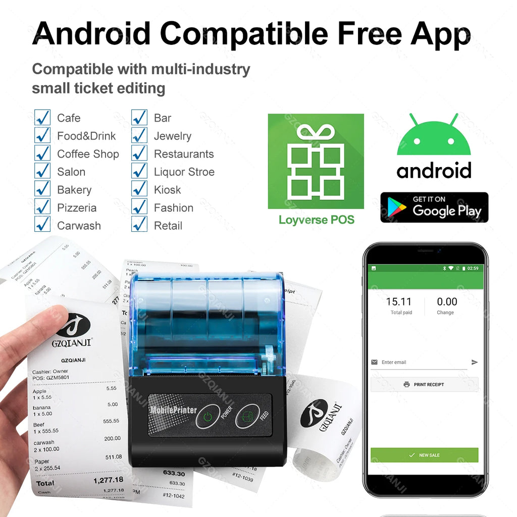 Portable Mini Thermal Printer 2 inch Bluetooth USB Receipt Bill Ticket Printer with 58x30mm Print Paper for Restaurant Android