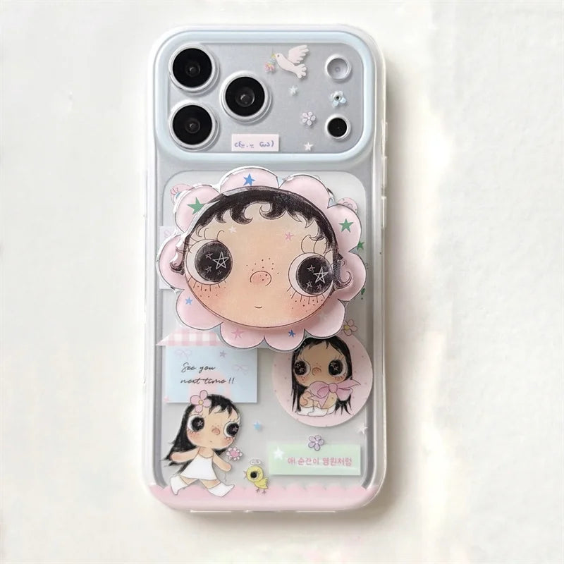 Kawaii Cartoon Girl Print For MagSafe Phone Case For iPhone 15 16 17 Pro Max With Flower Stand Shockproof Cover fashion phone ca