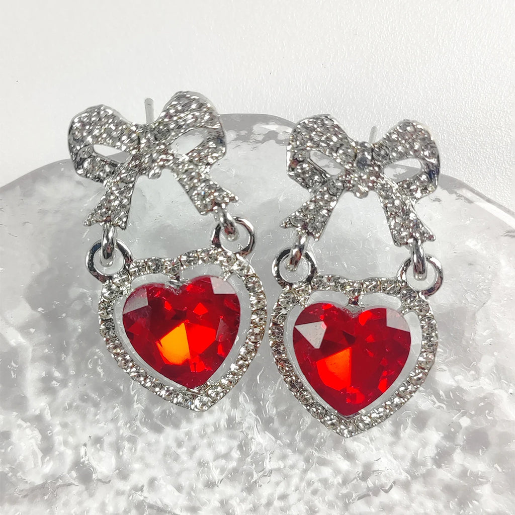 Pink Heart & Bow Drop Earrings