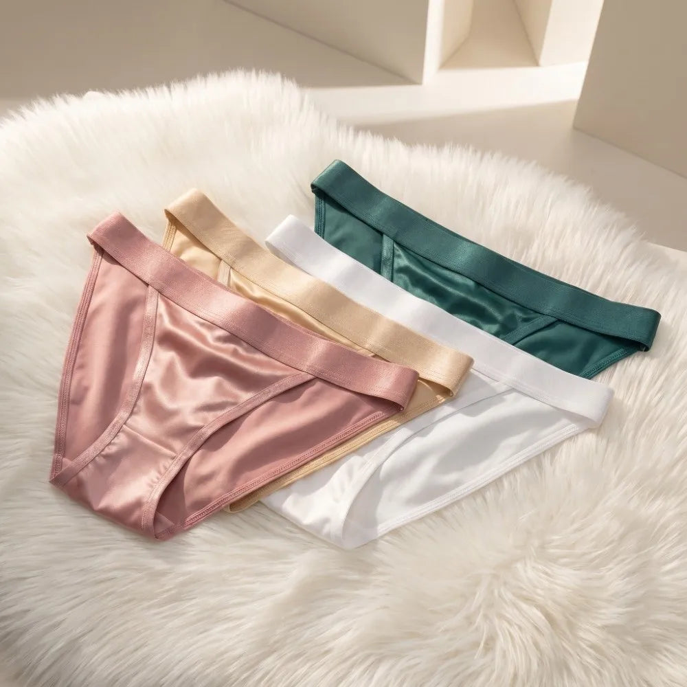 Lingerie Low Waist Satin Silk Briefs Solid Color Seamless Ice Silk Panties Cotton Crotch Underpants Women's Underwear Lady
