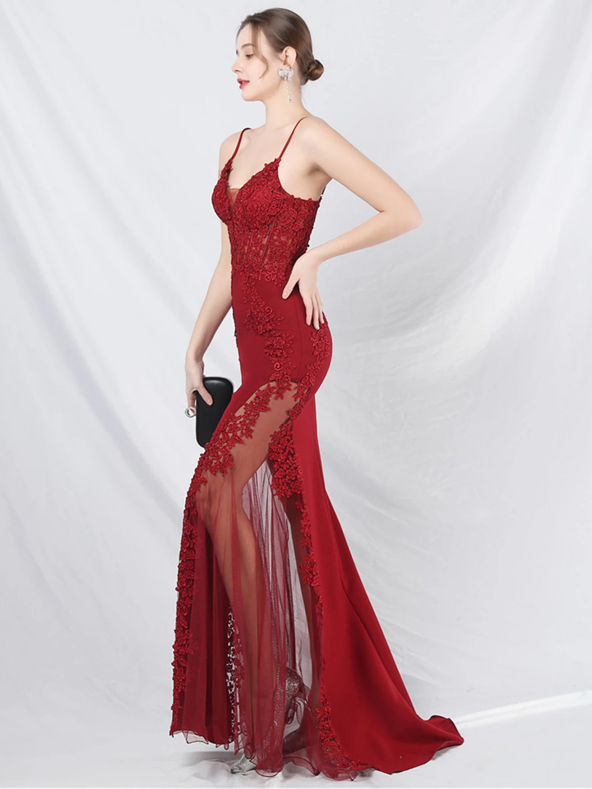 Women's Sheer Lace Mesh Maxi Evening Dress