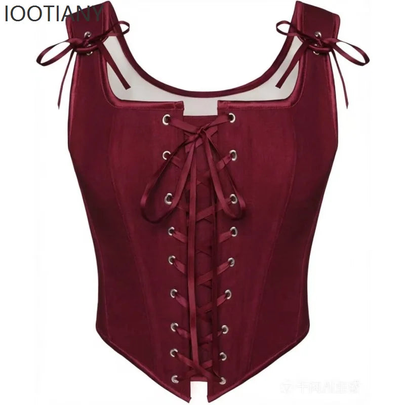 Women Renaissance Corset Top Retro Renaissance Faire Corset Square Neck Satin Lace Up Bustier Halloween Cosplay Fairy Costume