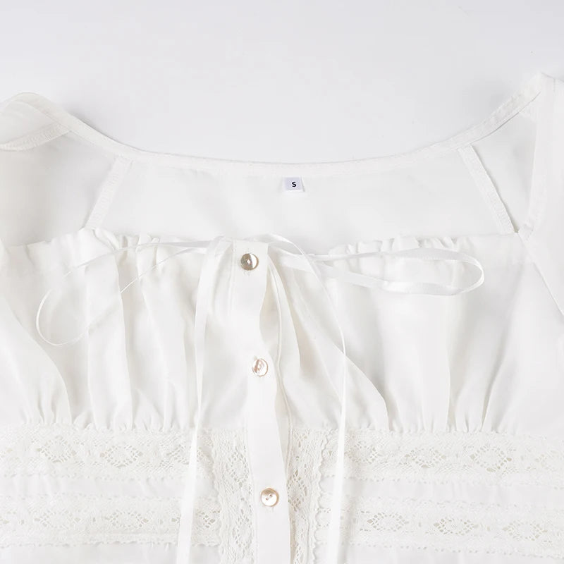 Fairycore Square-Neck Lace Puff-Sleeve Crop Top