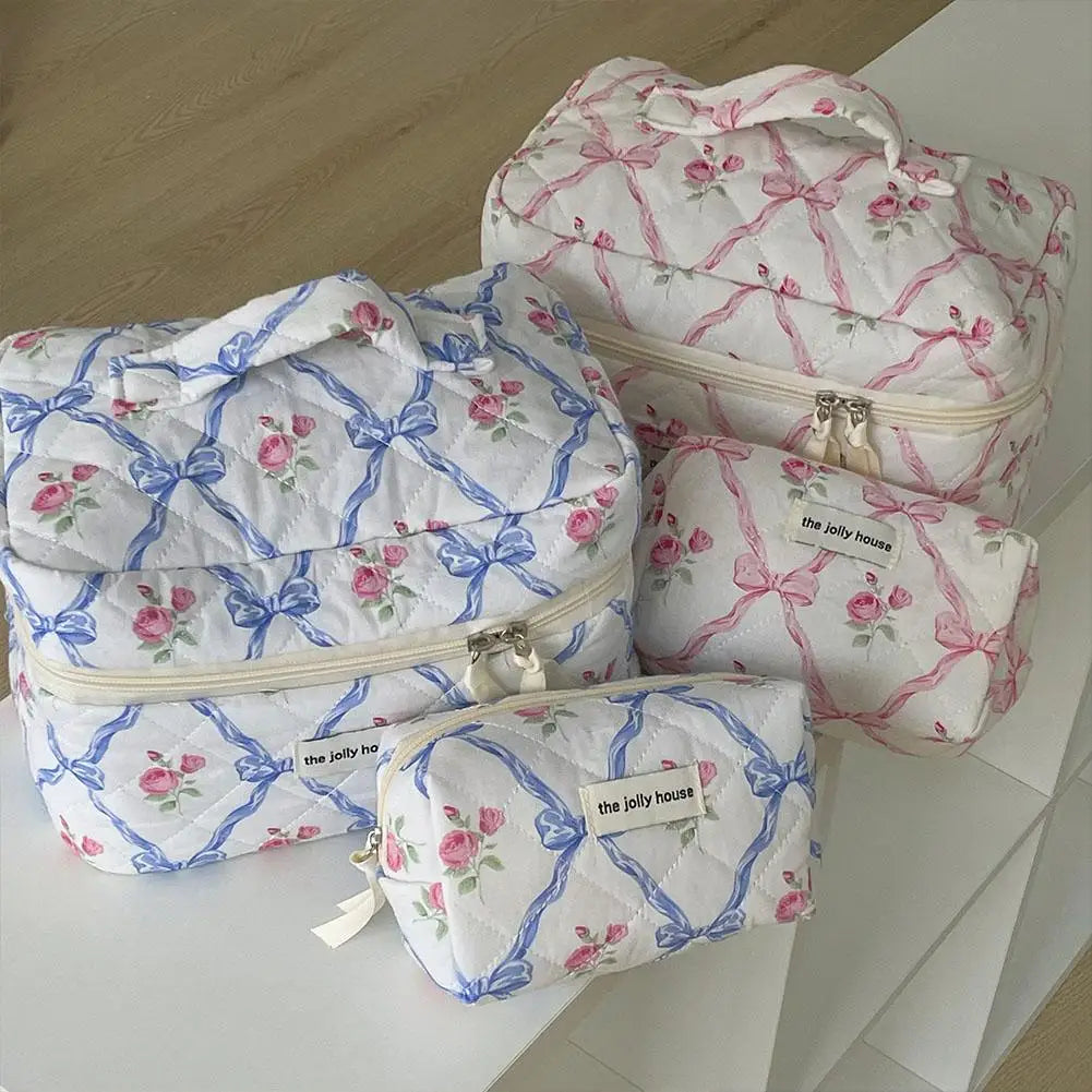 Quilted Bow Floral Makeup Bag