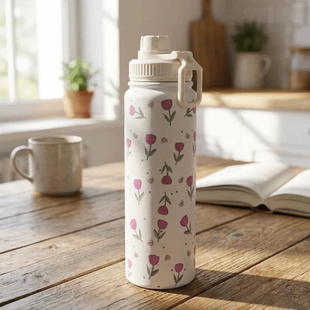 Tulip Pattern Insulated Water Bottle Vacuum Sealed Durable Tumbler Water Cup Eco-Friendly with Handle