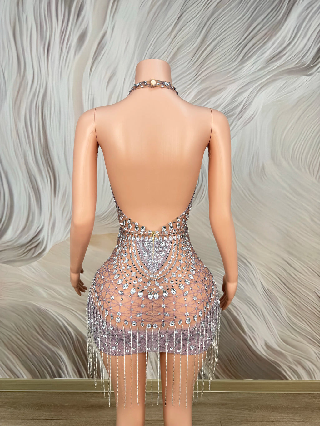 Sparkly Rhinestones Sexy Backless Mesh See Through Mini Dress Women Luxury Birthday Evening Party Dresses Nightclub Stage Outfit