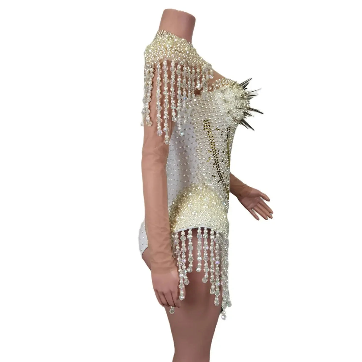 Women's White Pearl Tassel Rhinestone Stage Jumpsuit