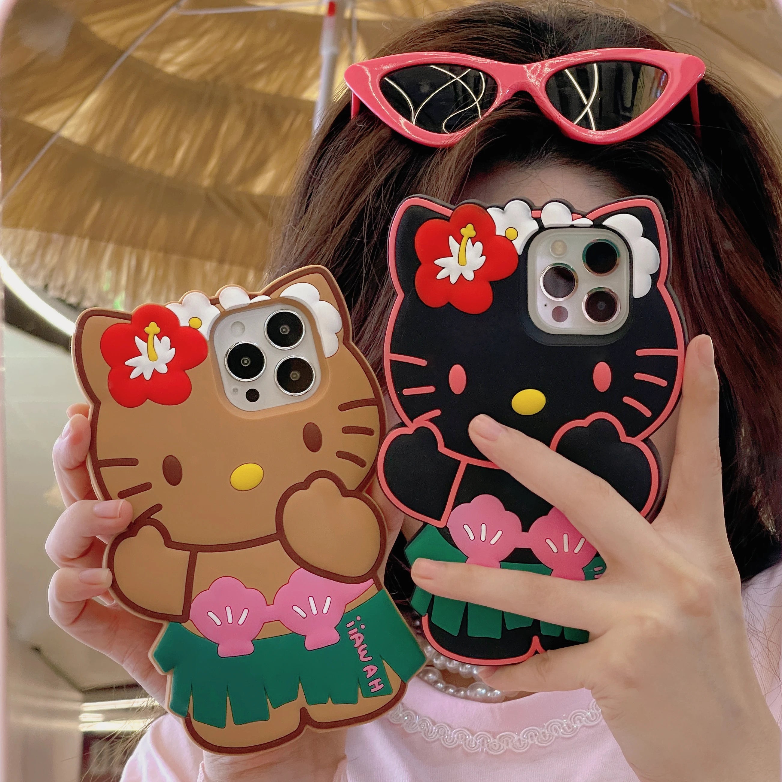 Kawaii Hello Kitty Phone Case For iPhone 17 16 15 14 13 12 11 Pro Max Plus 17 Pro Hula Skirt Kitty Silicone Cover with Lanyard