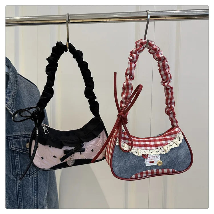 Contrast Lace Bow Pleated Shoulder Bag